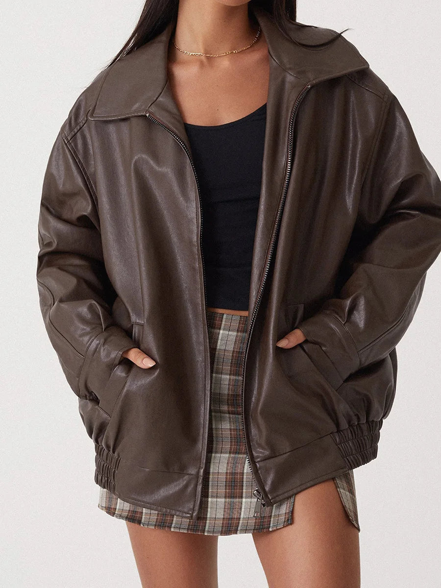 Bomber Jacket - Loose Fit - Vegan Leather - Oversized Jacket - Women's Jacket-Fashion Nora