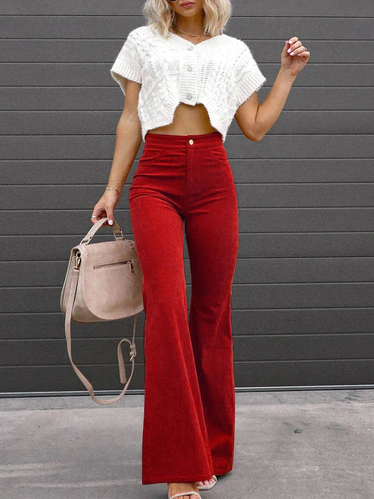 Briana Flared Corduroy Pants | Trendy comfortable bell-bottom pants-Fashion Nora
