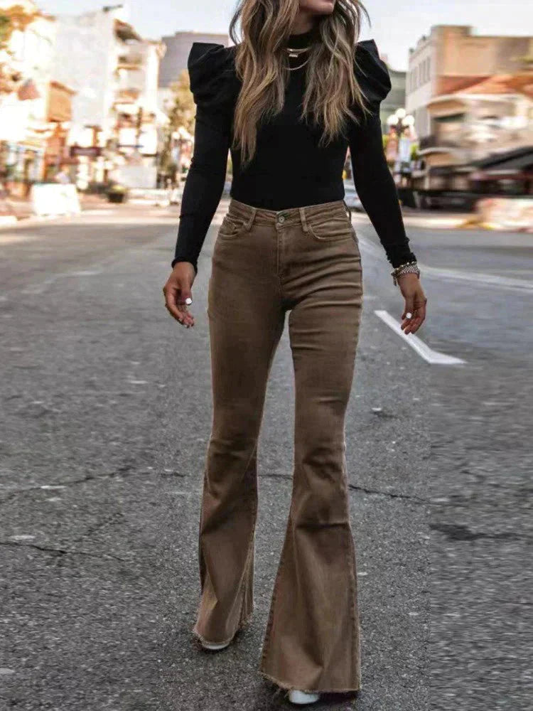 Briana Flared Corduroy Pants | Trendy comfortable bell-bottom pants-Fashion Nora