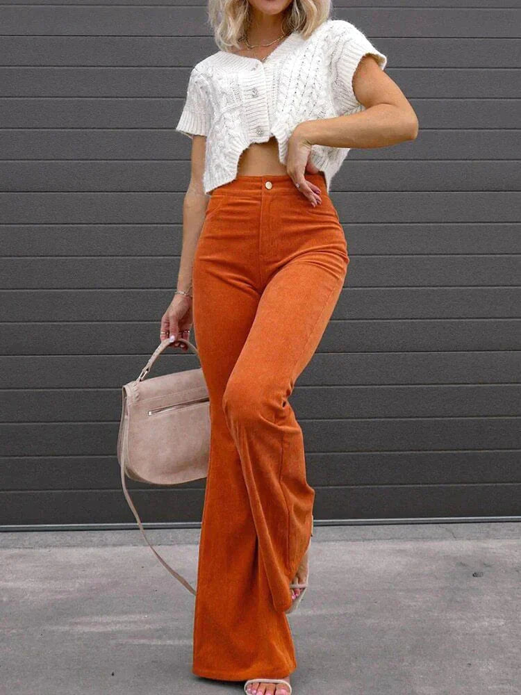 Briana Flared Corduroy Pants | Trendy comfortable bell-bottom pants-Fashion Nora