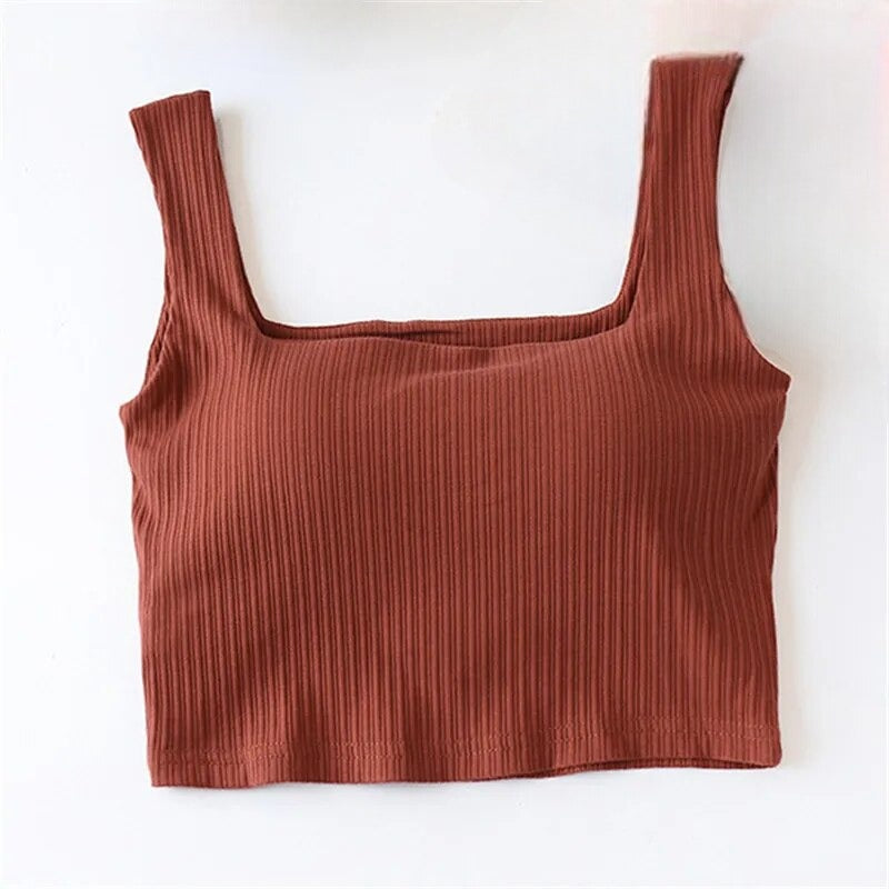 Built-in Bra Top | Ribbed | Sleeveless | Tank Top with Shelf Bra | Cropped Top-Fashion Nora