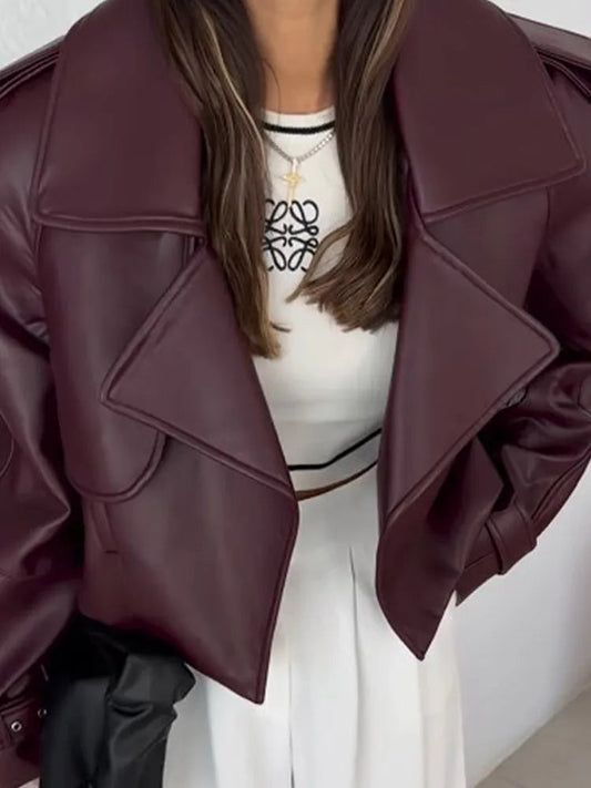 Burgundy Leather Jacket | Faux Leather | Cropped | Biker Jacket | Women's Leather Jacket -Fashion Nora