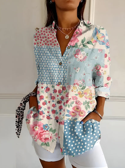 Button-Up Blouse | Printed | Loose Fit | Long Sleeve Blouse | Button-Up Shirts for Women-Fashion Nora