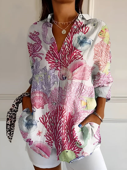 Button-Up Blouse | Printed | Loose Fit | Long Sleeve Blouse | Button-Up Shirts for Women-Fashion Nora