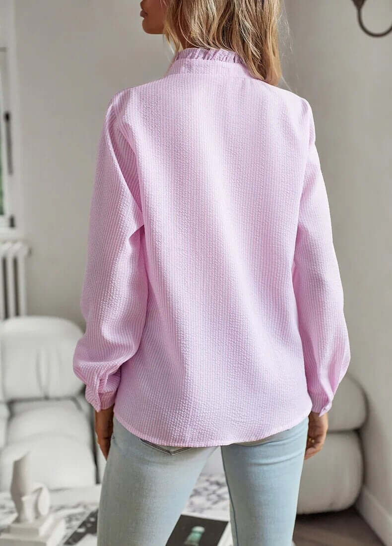 Button-Up Blouse | Striped | Long Sleeve | Ruffle Blouse | Button-Up Shirts for Women-Fashion Nora