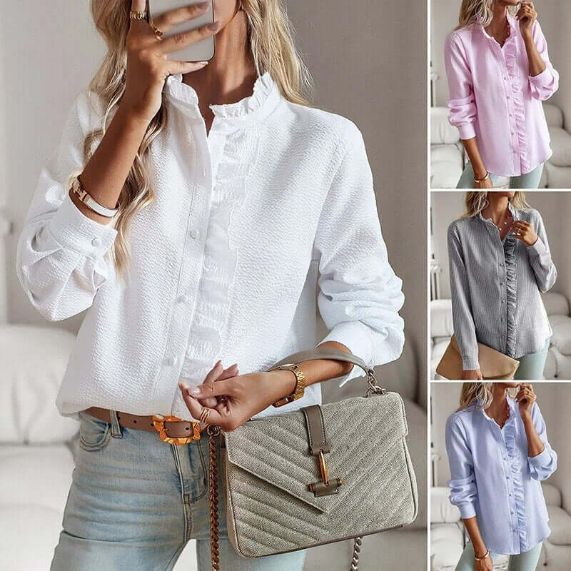 Button-Up Blouse | Striped | Long Sleeve | Ruffle Blouse | Button-Up Shirts for Women-Fashion Nora