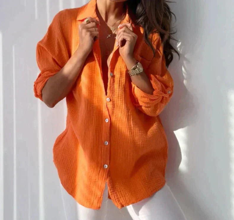 Button-Up Blouse - Women's Long Sleeve Lightweight Oversized Shirt-Fashion Nora