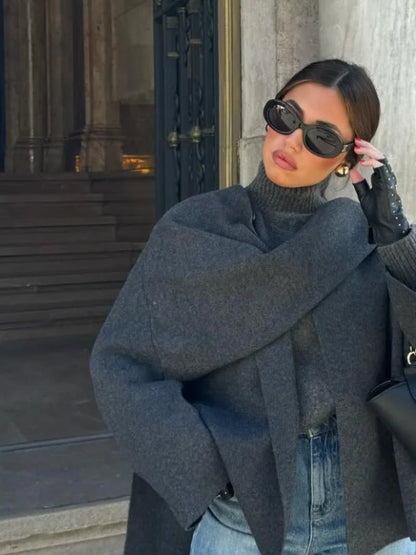 Cape Coat - Loose Fit - Woolen - Scarf Jacket - Women's Jacket-Fashion Nora