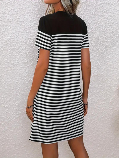 Casual Dress, Loose Fit, Short Sleeve, Striped Dress, Summer Dress-Fashion Nora