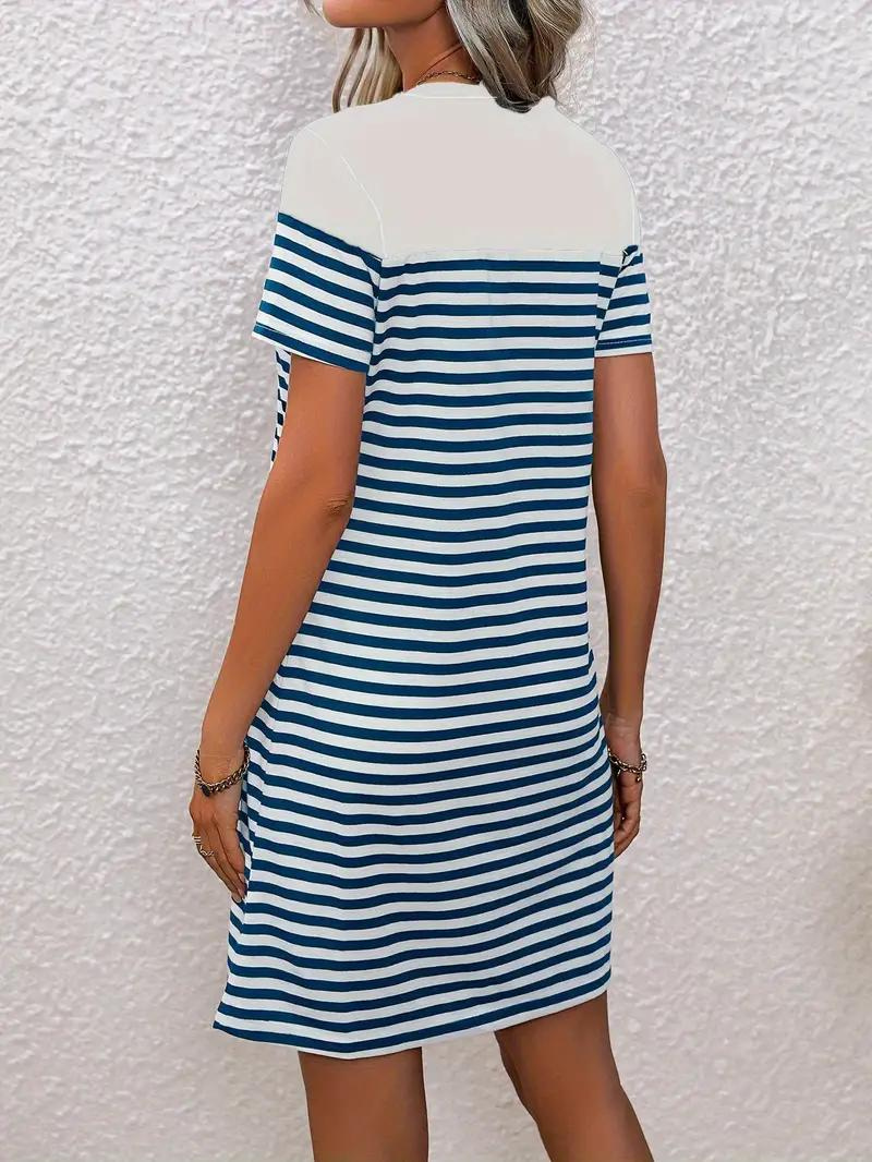 Casual Dress, Loose Fit, Short Sleeve, Striped Dress, Summer Dress-Fashion Nora