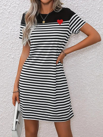 Casual Dress, Loose Fit, Short Sleeve, Striped Dress, Summer Dress-Fashion Nora