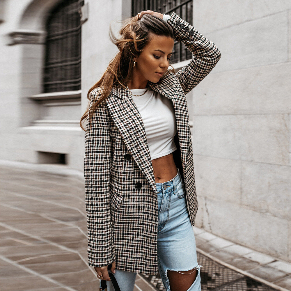 Checkered Blazer - Double Breasted - Stylish - Long Blazer - Women's Blazer-Fashion Nora