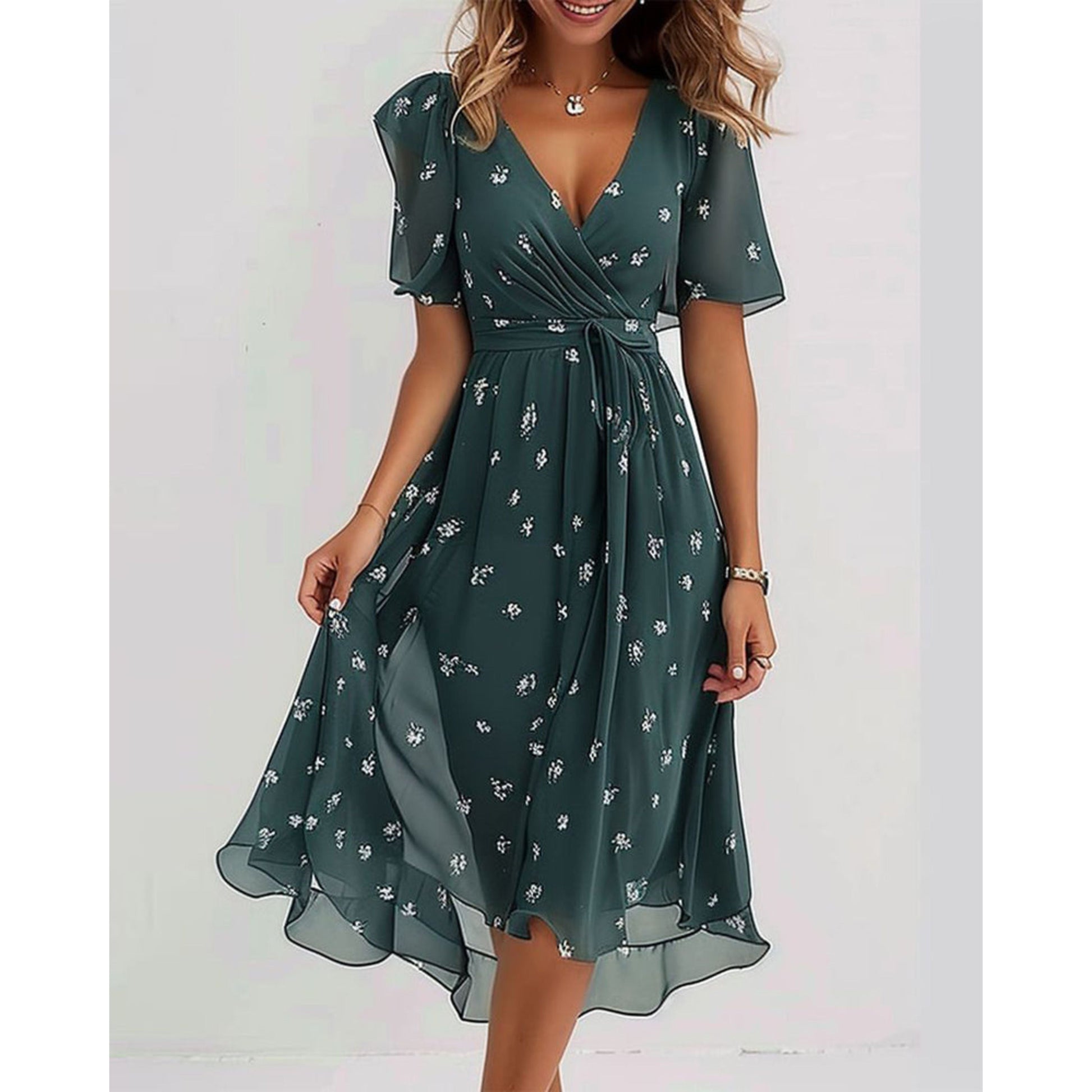 Chiffon Dress - V-Neck - Butterfly Sleeve - Midi Dress - Summer Dress-Fashion Nora