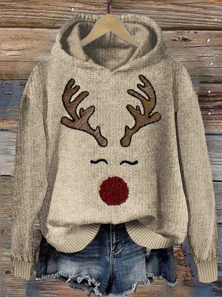 Christmas Hoodie - Reindeer - Loose Fit Knitted Hoodie - Christmas Jumper-Fashion Nora