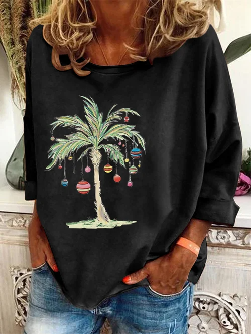 Christmas Pullover | Palm Tree | Loose Fit | Christmas Shirts | Long Sleeve Shirts for Women-Fashion Nora