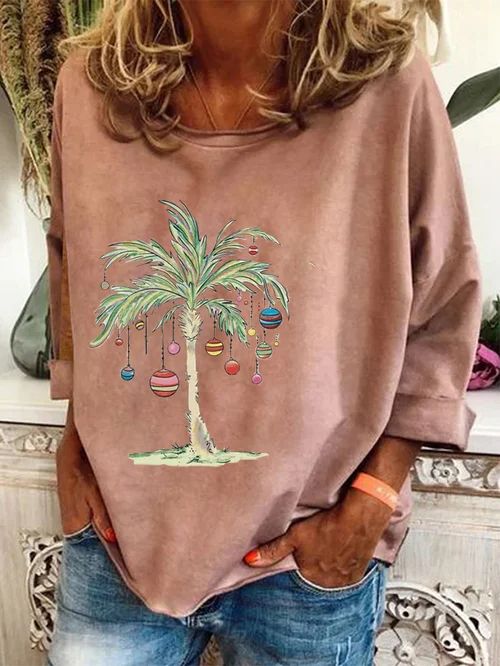 Christmas Pullover | Palm Tree | Loose Fit | Christmas Shirts | Long Sleeve Shirts for Women-Fashion Nora