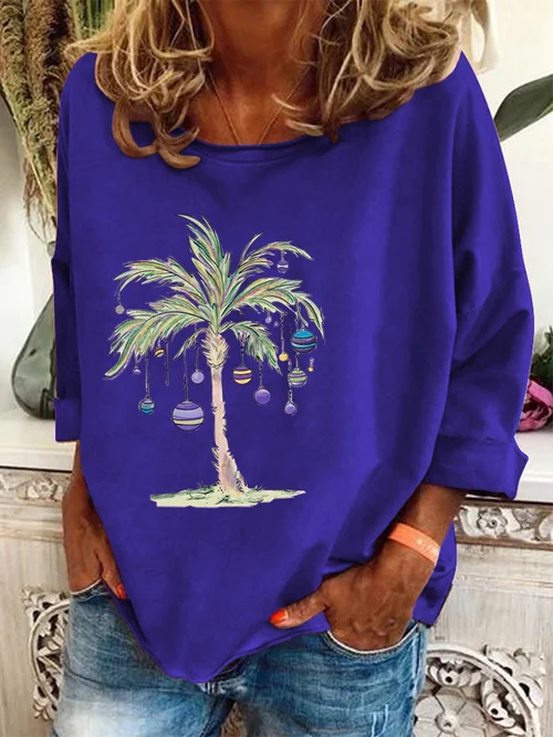 Christmas Pullover | Palm Tree | Loose Fit | Christmas Shirts | Long Sleeve Shirts for Women-Fashion Nora