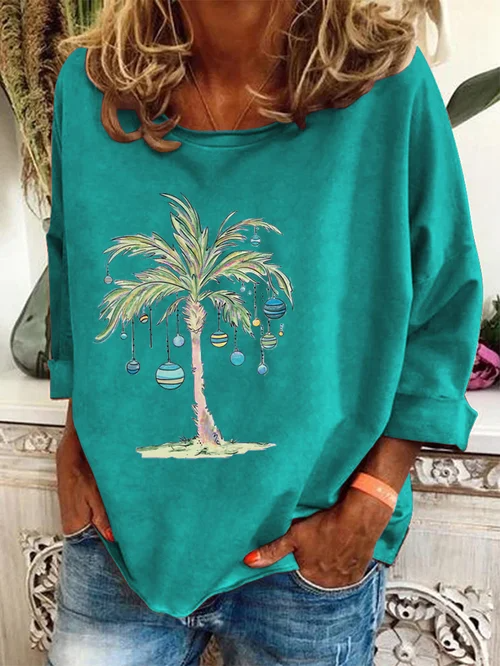 Christmas Pullover | Palm Tree | Loose Fit | Christmas Shirts | Long Sleeve Shirts for Women-Fashion Nora