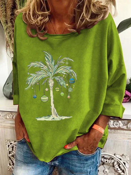 Christmas Pullover | Palm Tree | Loose Fit | Christmas Shirts | Long Sleeve Shirts for Women-Fashion Nora