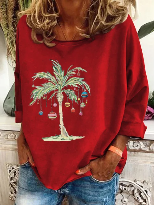 Christmas Pullover | Palm Tree | Loose Fit | Christmas Shirts | Long Sleeve Shirts for Women-Fashion Nora