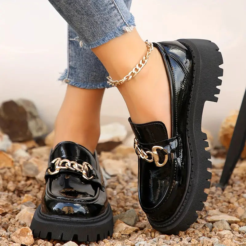 Chunky Loafers, Slip On, Chain Decor, Women's Shoes, Platform Loafers-Fashion Nora