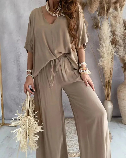 Co-Ord Set | Two-Piece | Loose Fit | Wide Leg Pants and Top | Summer Clothes-Fashion Nora