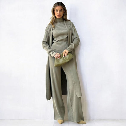 Co-Ord Set - Women's Knitted Wide Leg Pants Top and Cardigan 3-Piece Set-Fashion Nora