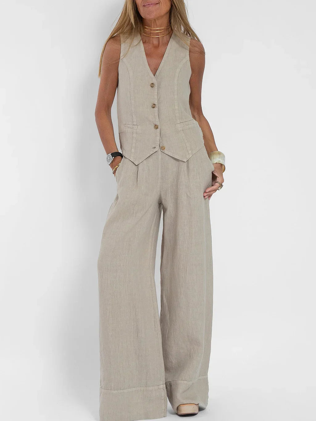 Co-Ord Set - Women's Sleevelss Vest and Wide Leg Pants Two-Piece Set-Fashion Nora