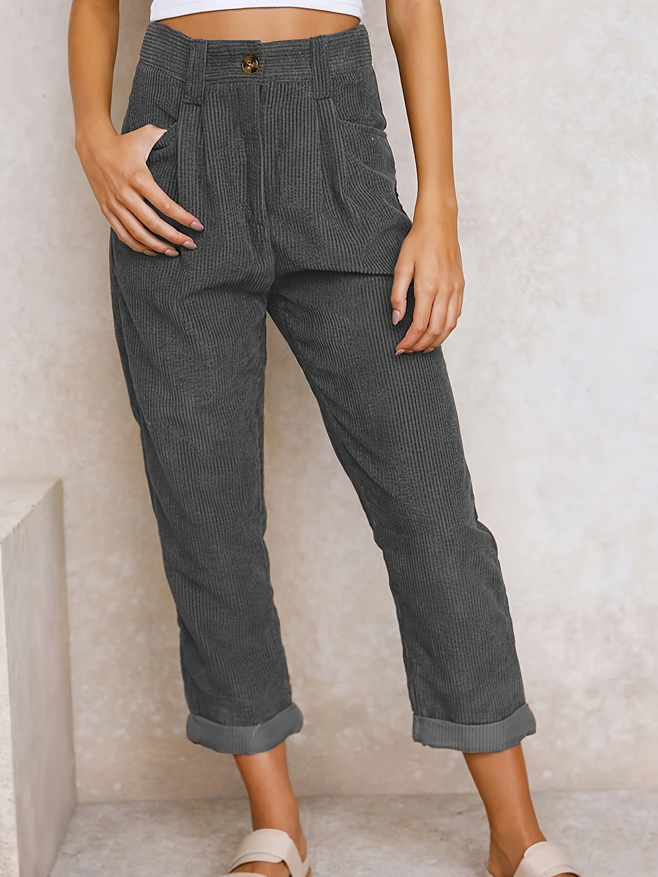 Corduroy Pants - Loose Fit - Baggy - High Waist Pants - Women's Pants -Fashion Nora