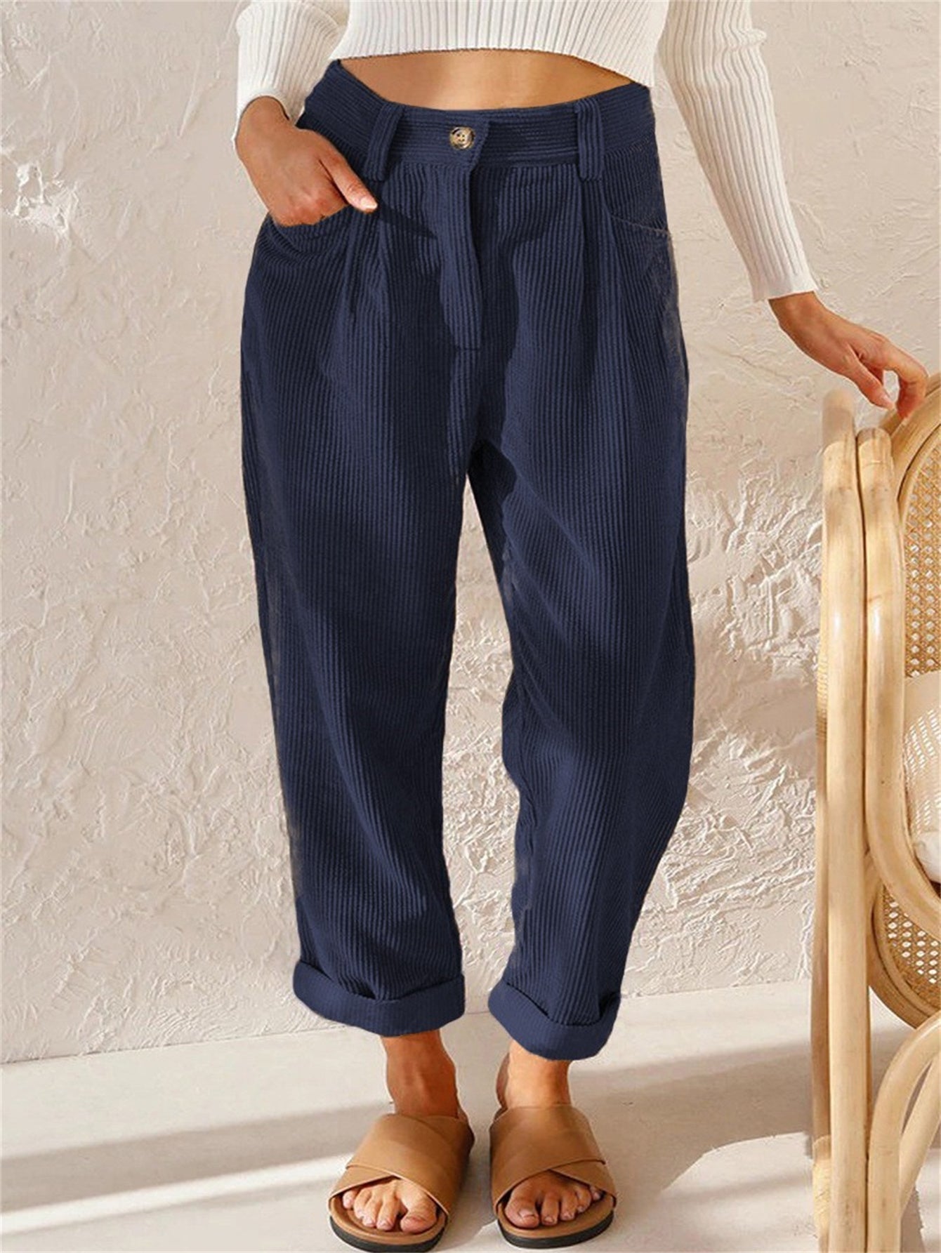 Corduroy Pants - Loose Fit - Baggy - High Waist Pants - Women's Pants -Fashion Nora