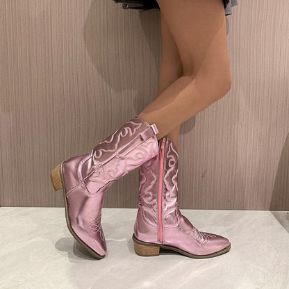 Cowboy Boots - Metallic - Mid Heel - Western Boots - Cowgirl Boots-Fashion Nora