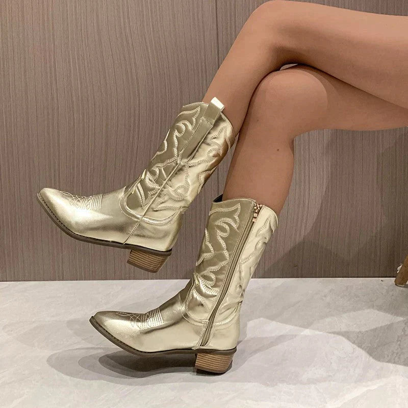 Cowboy Boots - Metallic - Mid Heel - Western Boots - Cowgirl Boots-Fashion Nora