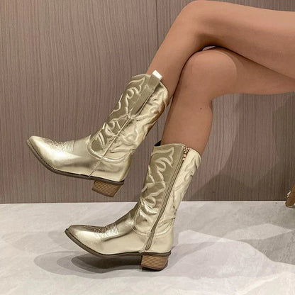Cowboy Boots - Metallic - Mid Heel - Western Boots - Cowgirl Boots-Fashion Nora