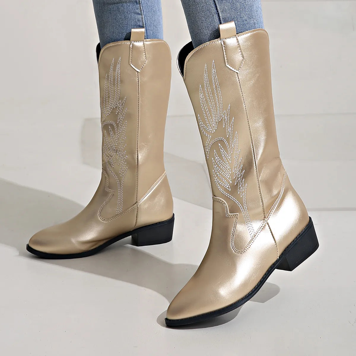 Cowgirl Boots - Women's Metallic Low Heel Western Cowboy Boots-Fashion Nora