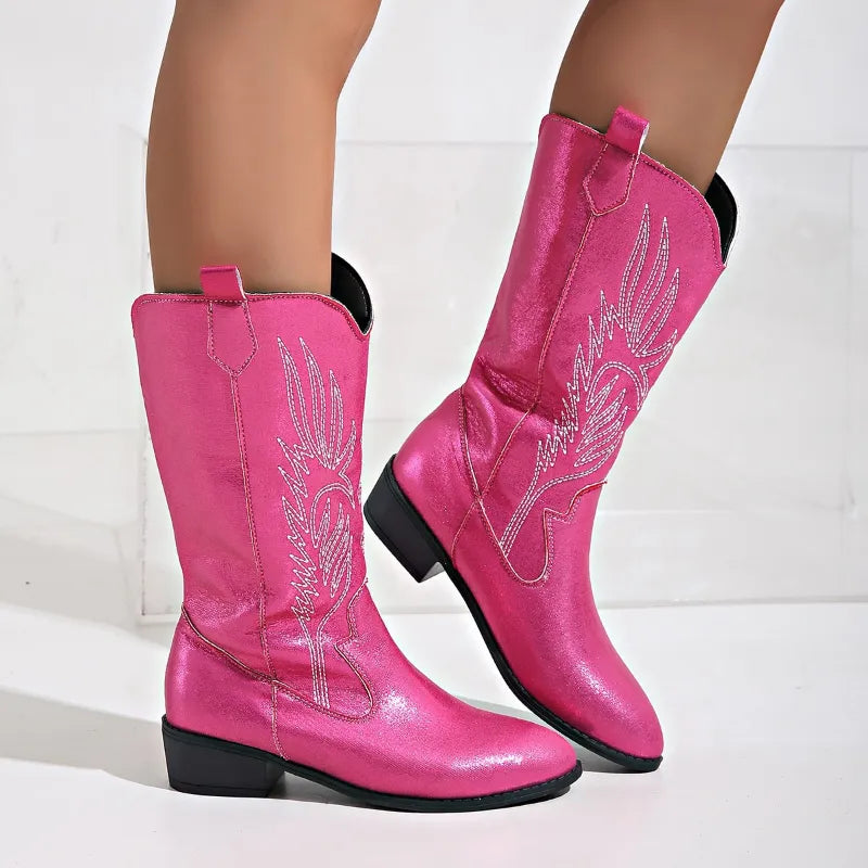 Cowgirl Boots - Women's Metallic Low Heel Western Cowboy Boots-Fashion Nora