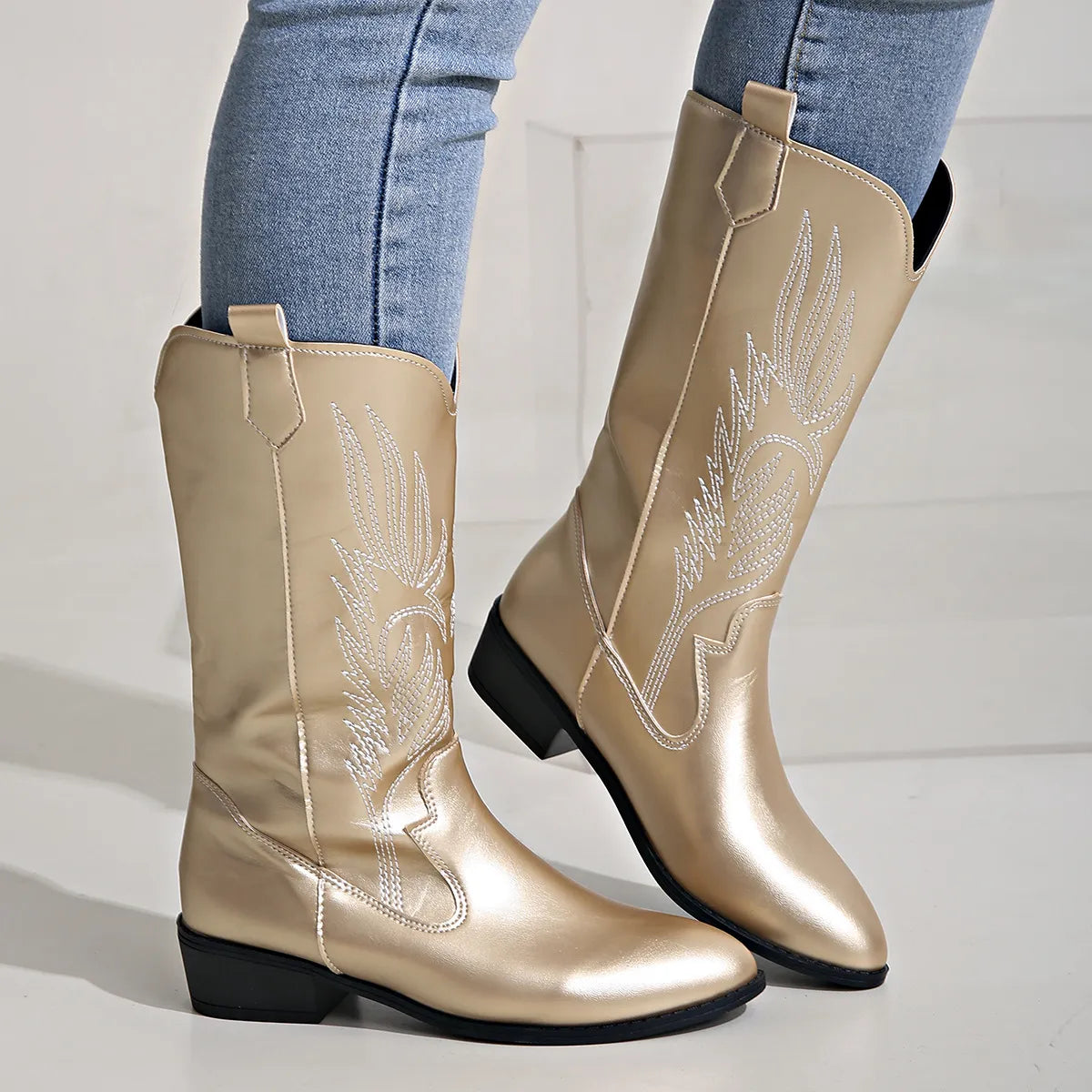 Cowgirl Boots - Women's Metallic Low Heel Western Cowboy Boots-Fashion Nora