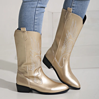 Cowgirl Boots - Women's Metallic Low Heel Western Cowboy Boots-Fashion Nora
