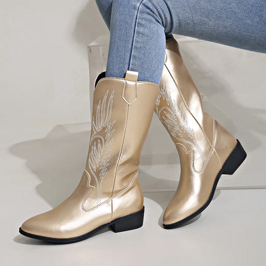 Cowgirl Boots - Women's Metallic Low Heel Western Cowboy Boots-Fashion Nora