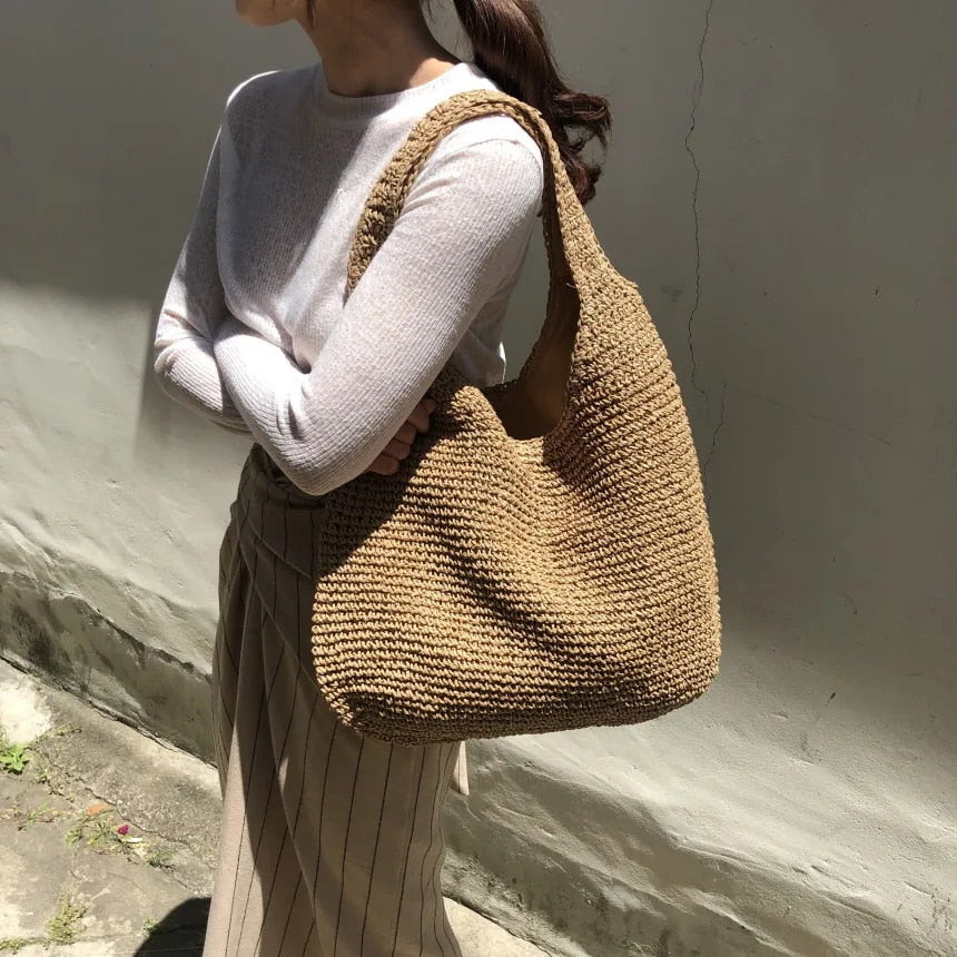 Crochet Bag - Women's Large Woven Shoulder Shopper Bag-Fashion Nora