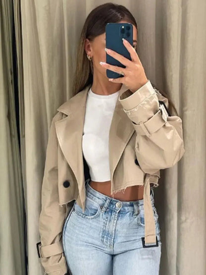 Cropped Trench Jacket | Belt | Double Breasted | Short Trench Coat | Trench Jacket Ladies-Fashion Nora