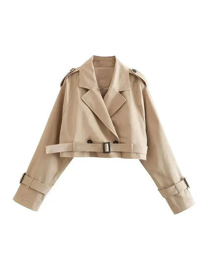 Cropped Trench Jacket | Belt | Double Breasted | Short Trench Coat | Trench Jacket Ladies-Fashion Nora