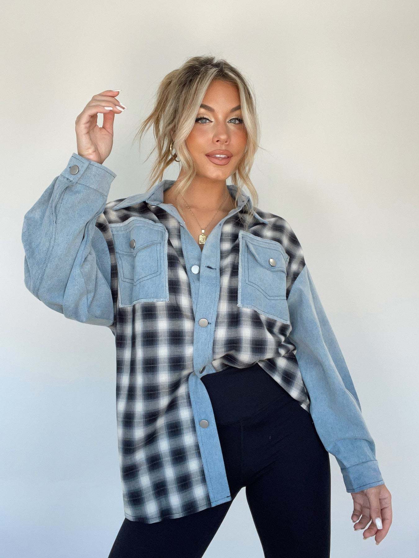 Denim Blouse - Button-Up - Plaid - Women's Overshirt - Women's Shirt-Fashion Nora