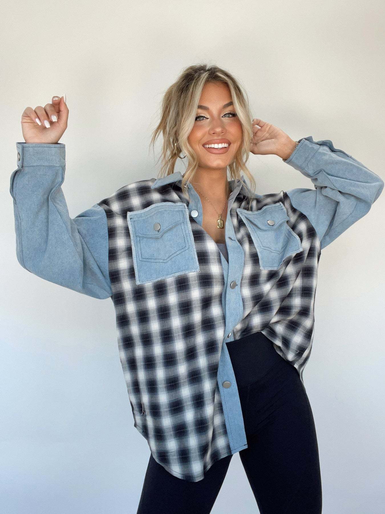 Denim Blouse - Button-Up - Plaid - Women's Overshirt - Women's Shirt-Fashion Nora