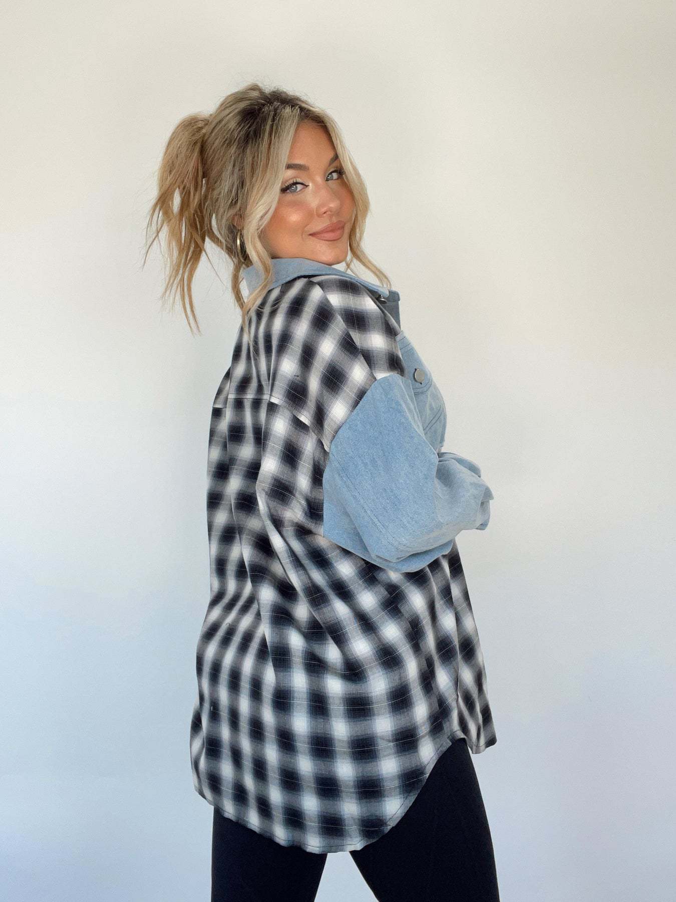 Denim Blouse - Button-Up - Plaid - Women's Overshirt - Women's Shirt-Fashion Nora