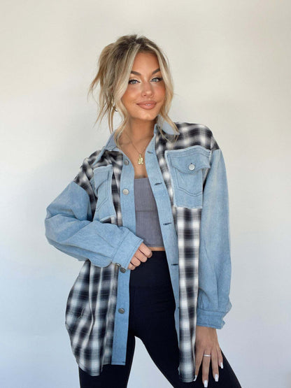 Denim Blouse - Button-Up - Plaid - Women's Overshirt - Women's Shirt-Fashion Nora