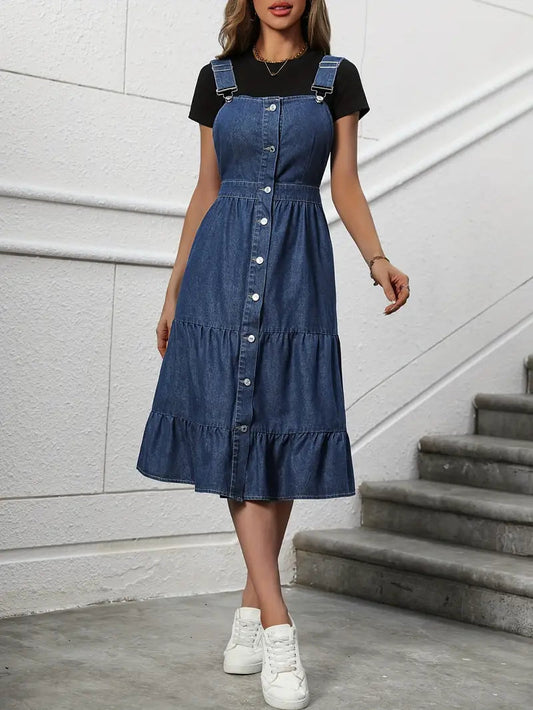 Denim Dress, Button Down, Sleeveless, Summer Dress, Midi Dress-Fashion Nora