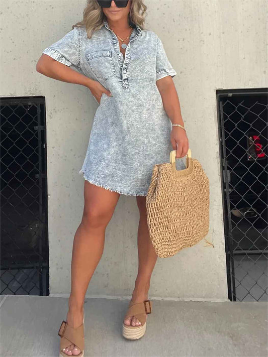 Denim Dress | Short Sleeve | Loose Fit | Mini Dress | Shirt Dress-Fashion Nora