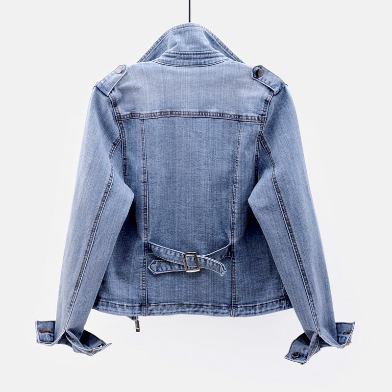 Denim Jacket - Women's Washed Blue Short Zip-Up Denim Jacket-Fashion Nora