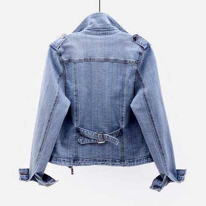 Denim Jacket - Women's Washed Blue Short Zip-Up Denim Jacket-Fashion Nora