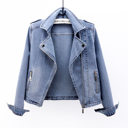 Denim Jacket - Women's Washed Blue Short Zip-Up Denim Jacket-Fashion Nora